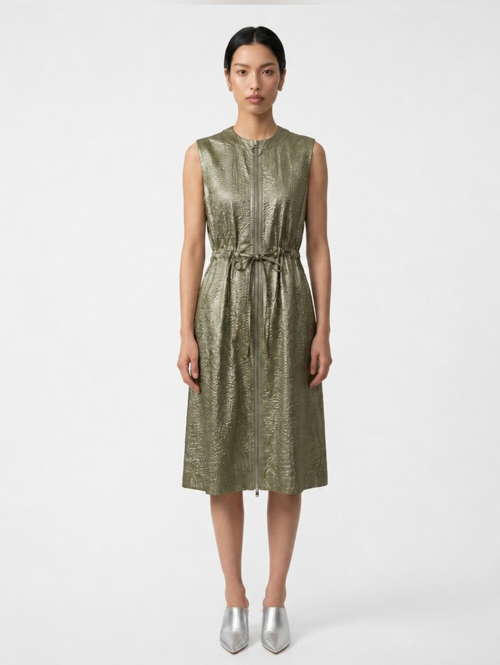 Akris Punto Metallic Cotton Zip-Front Midi Dress Size 4